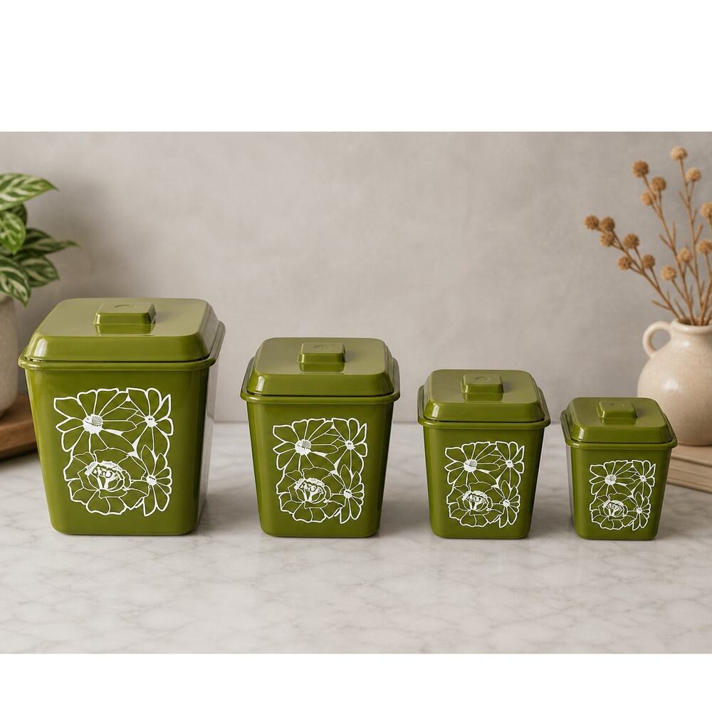 Vintage 70s Avocado Green Daisy Nesting Canister Set 4 Plastic Kitchen